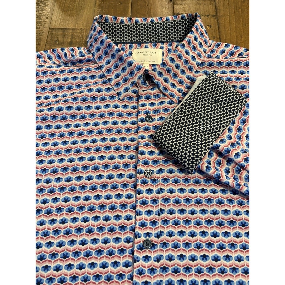 Men CON.STRUCT Slim Fit 4-Way Stretch Button Front Shirt XXL Pink Blue Geometric